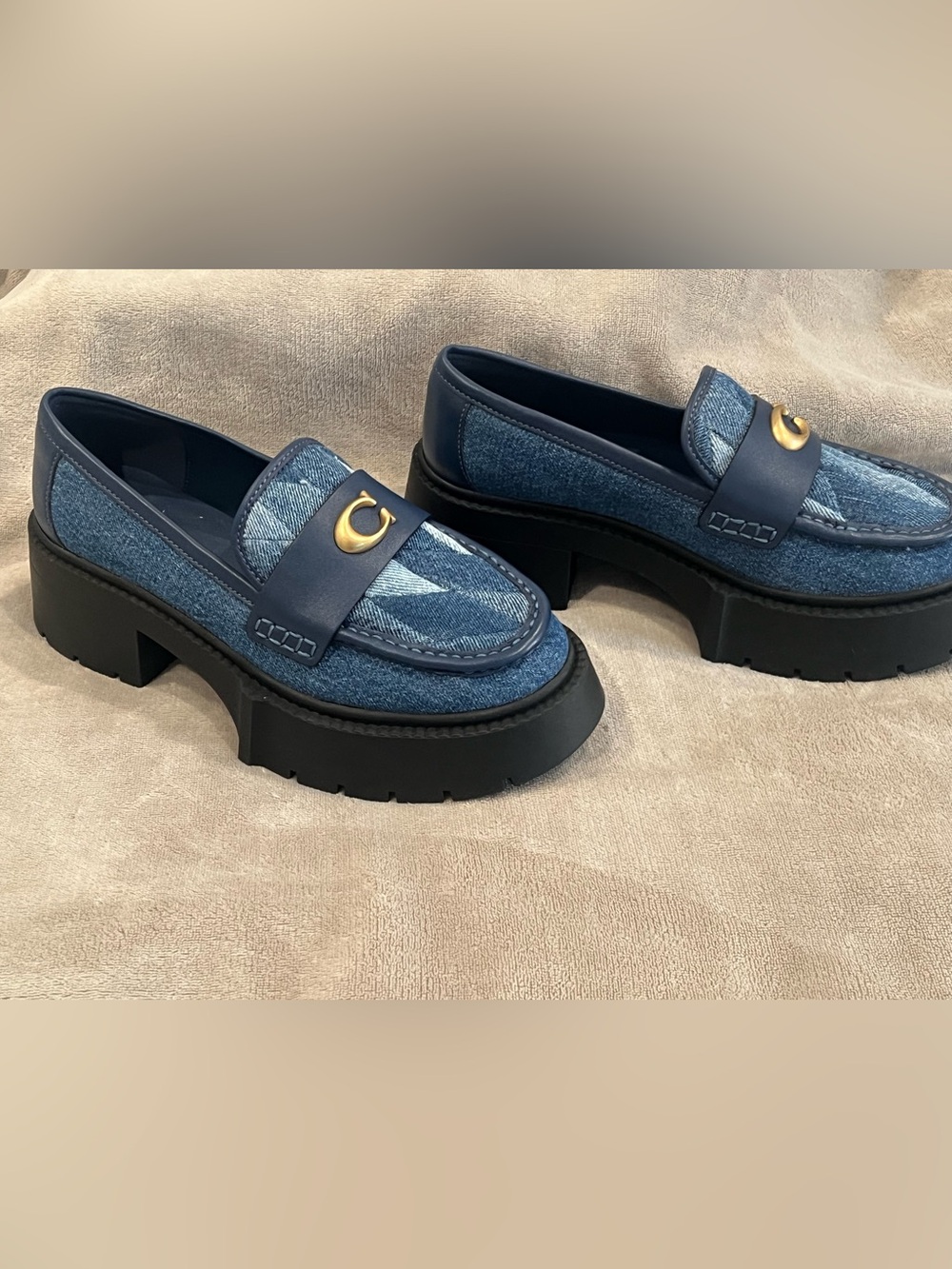 Coach Leah Denim Chunky Penny Loafers with Gold Crescent Accent - Blue